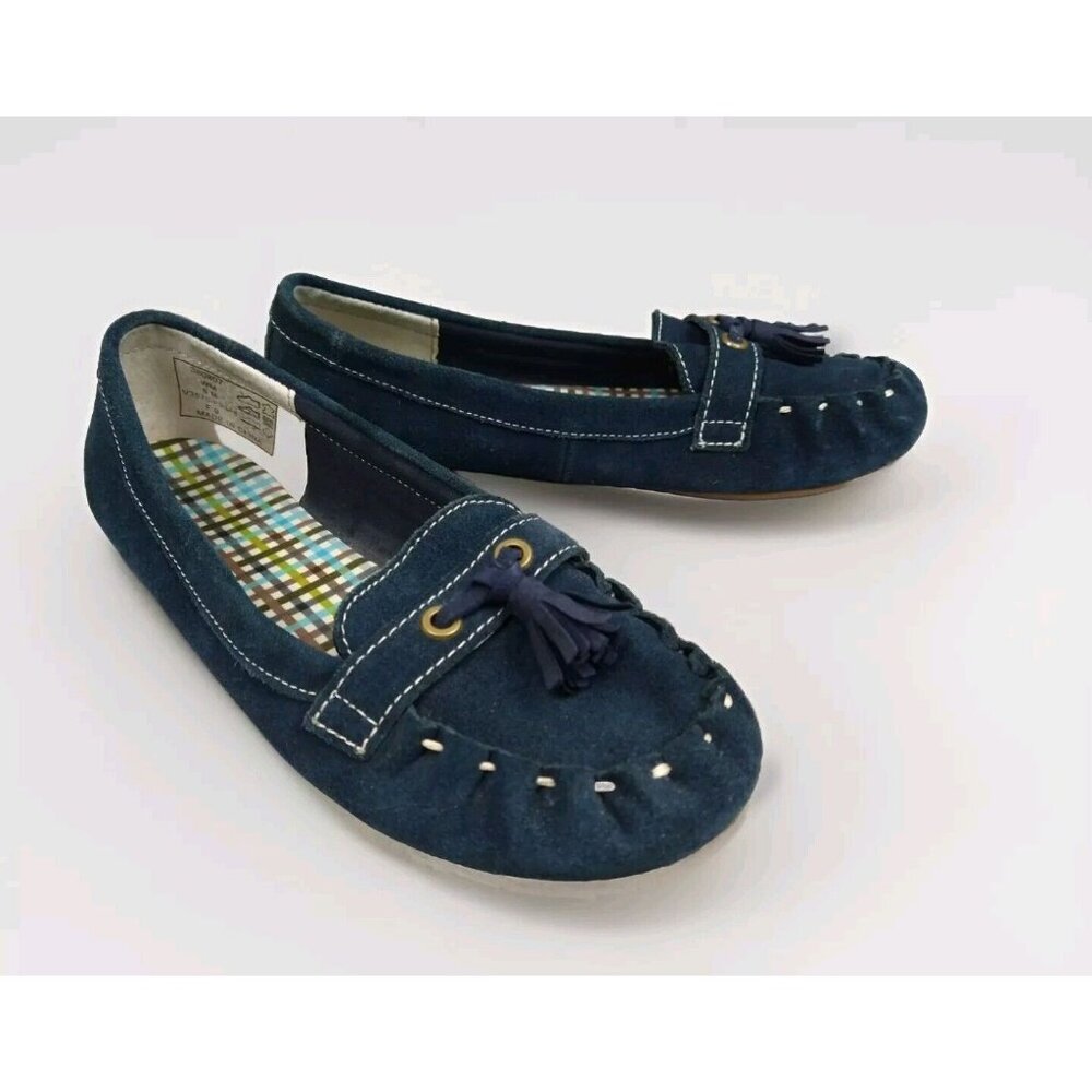 Lands End Suede Rubber Sole Tassel Slip On Moccasins Navy Blue Women's Size 8